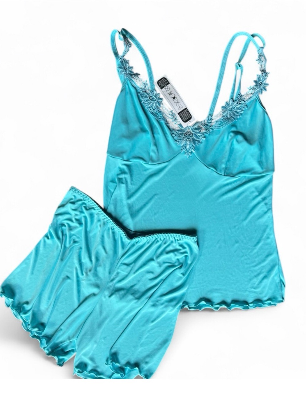 Brazilian Women’s Turquoise Lace-Trim Satin Cami & Shorts Sleep Set